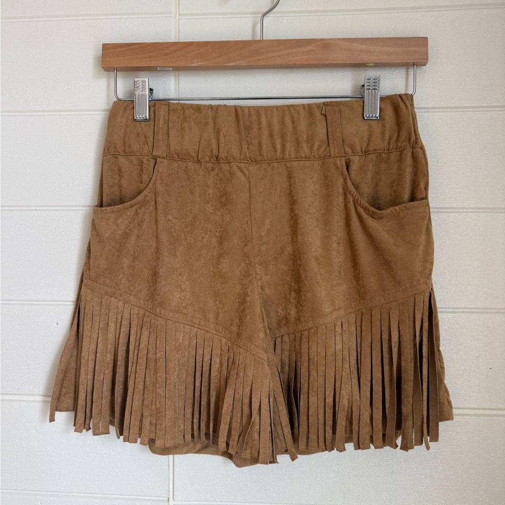 Western Fringe Suede-Look Mini Skort in Brown with Belt Loops